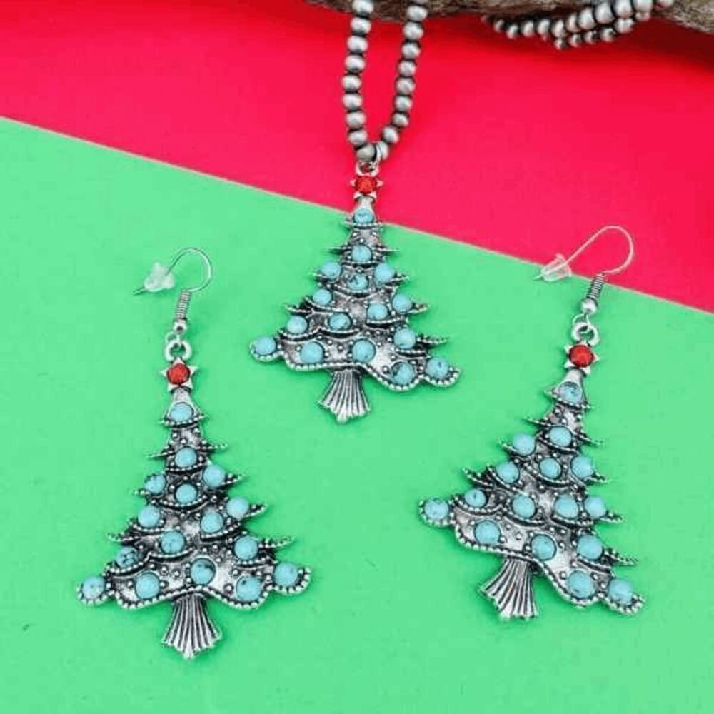 Turquoise Christmas Tree Beaded Necklace and Earring Set
